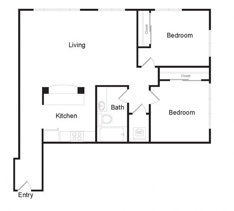 Floor plan for 2 beds, 1 bath, 911 sqft